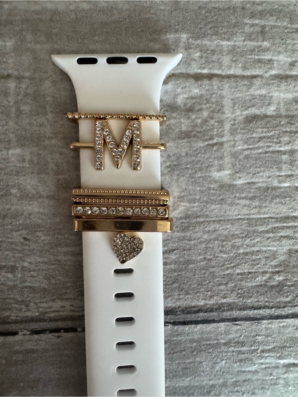 Gold and Crystal 'M' Charm Set for White Watch Band - Women Accessories